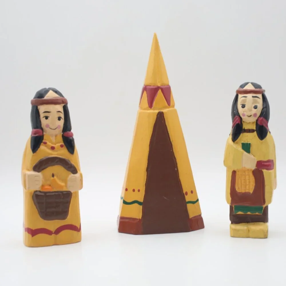 Vintage 1970s Hand Carved Hand Painted Indian Man, Woman & Teepee